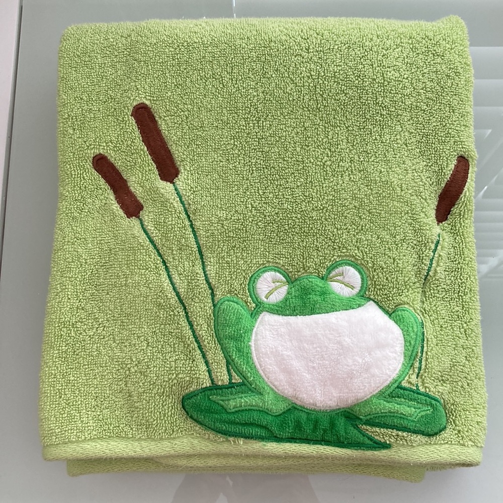 Frog and Cat Tails Bright Green Cotton Large Bath Towel children’s bathroom